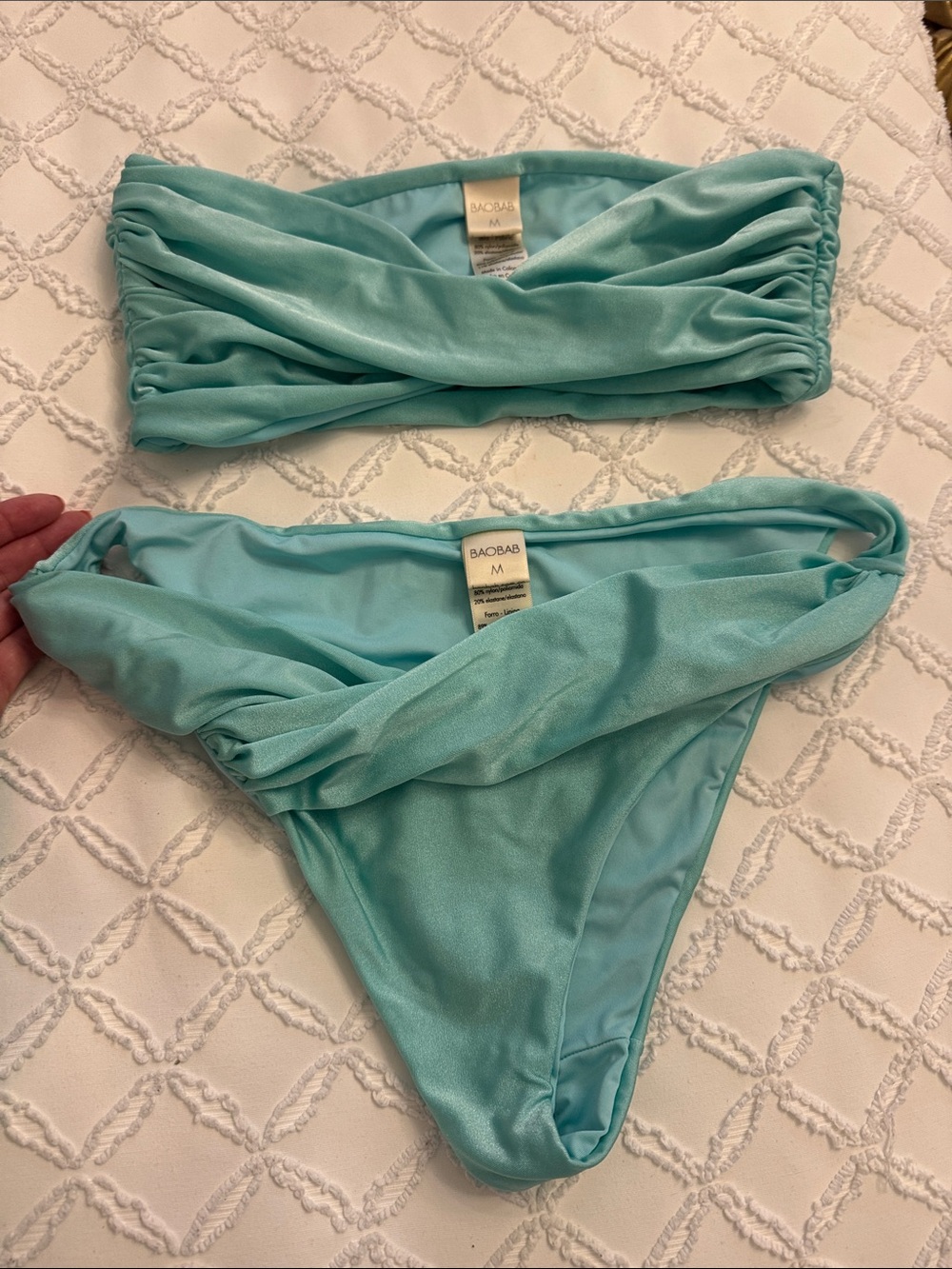 Baobab Collection Aqua Twist Bandeau Bikini Set and matching skirt coverup.